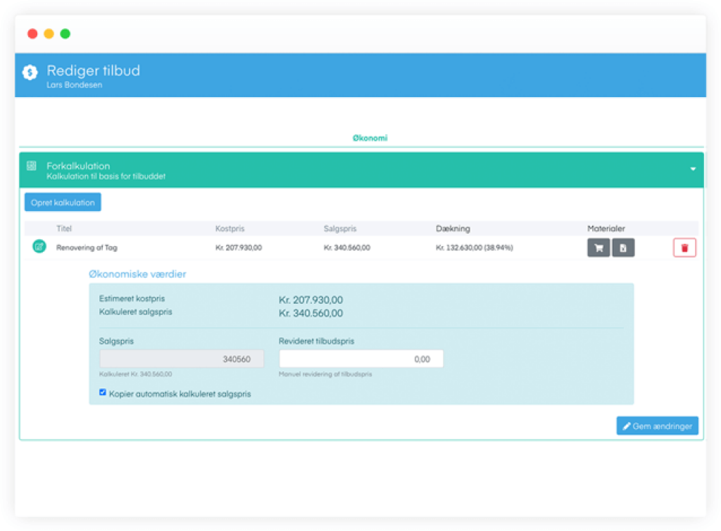 Forkalkulation mobilplan dashboard eksempel.